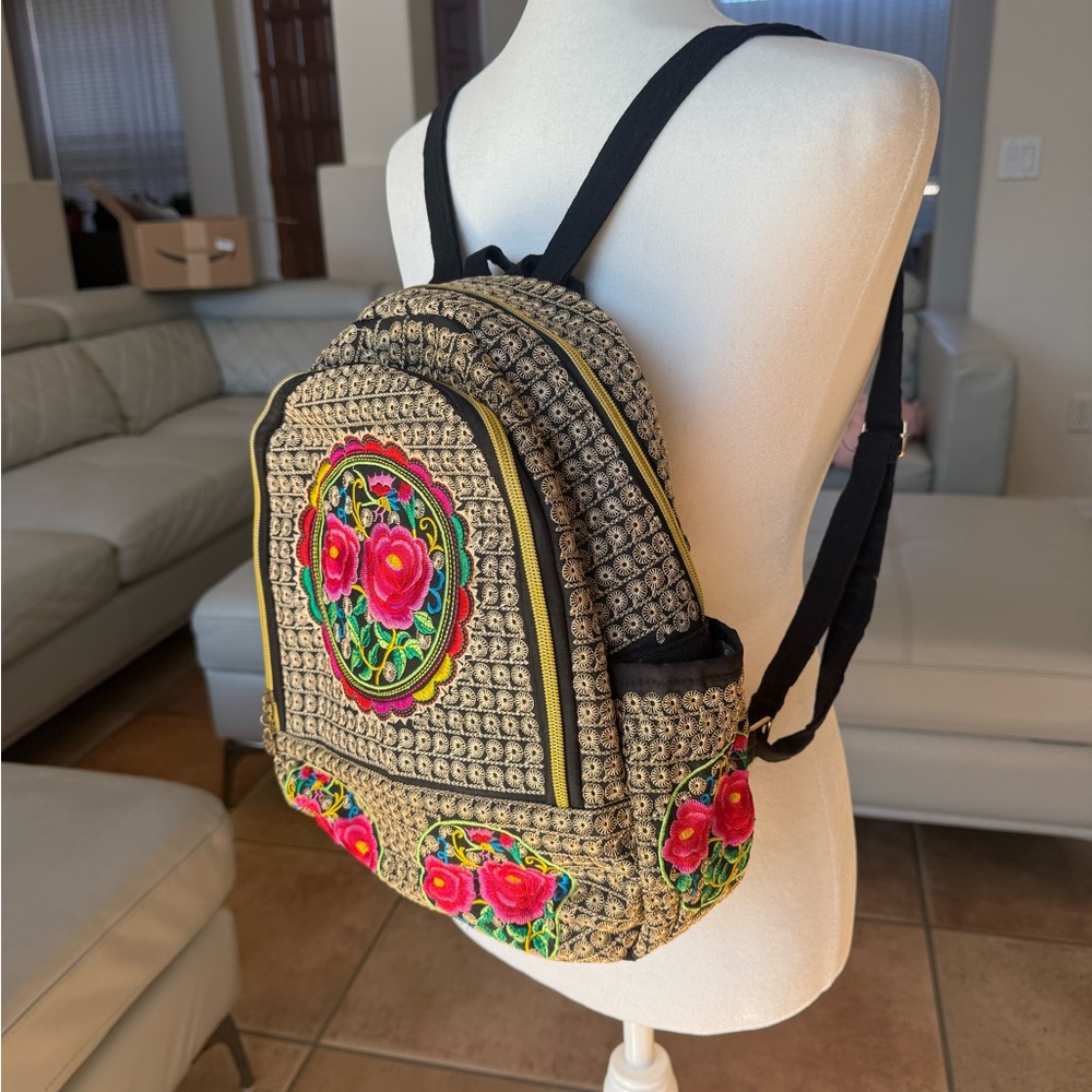 Embroidered Colorful Floral Hippie Art to Wear Indian Mexican Ethnic Backpack